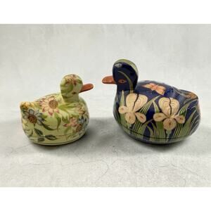 Kashmir Paper Mache Lacquer Duck Boxes Set of 2 Iris, Butterfly and Floral India